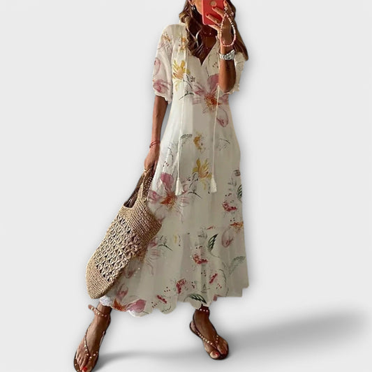 Women's Maxi Dress | Floral Print Tie-Neck Flutter