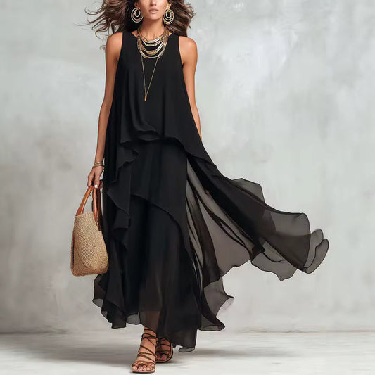 Women's Maxi Dress | Layered Asymmetric Sleeveless Design