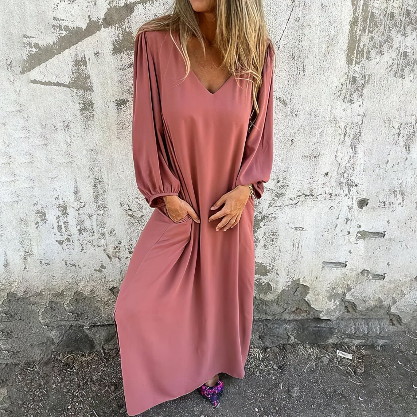 Women's Maxi Dress | Loose Fit V Neck Dress With Side Splits