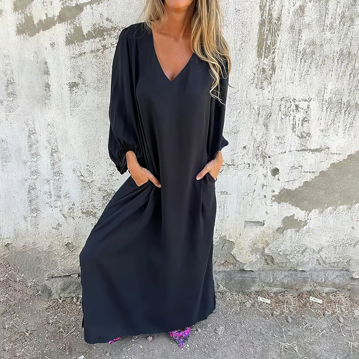 Women's Maxi Dress | Loose Fit V Neck Dress With Side Splits