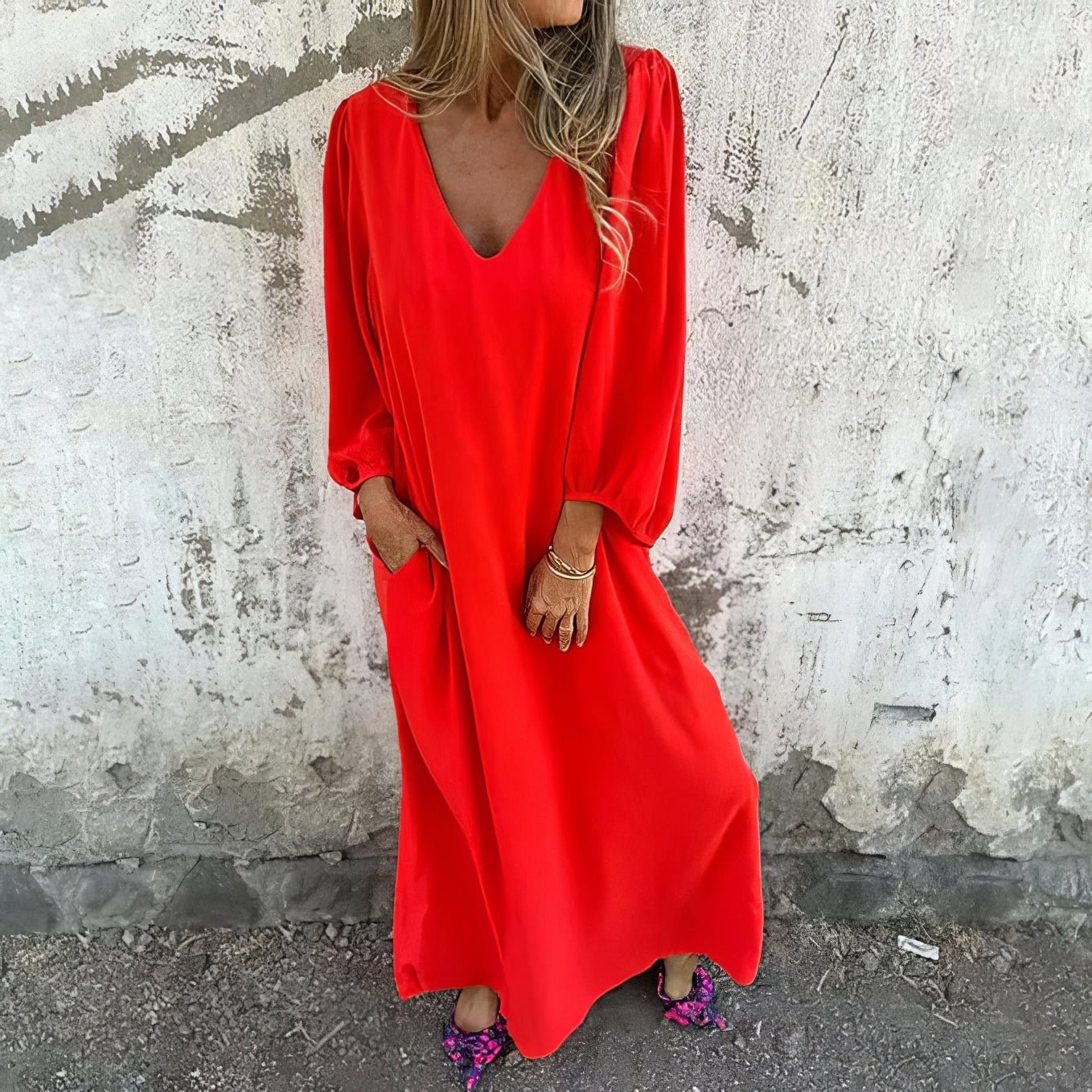 Women's Maxi Dress | Loose Fit V Neck Dress With Side Splits