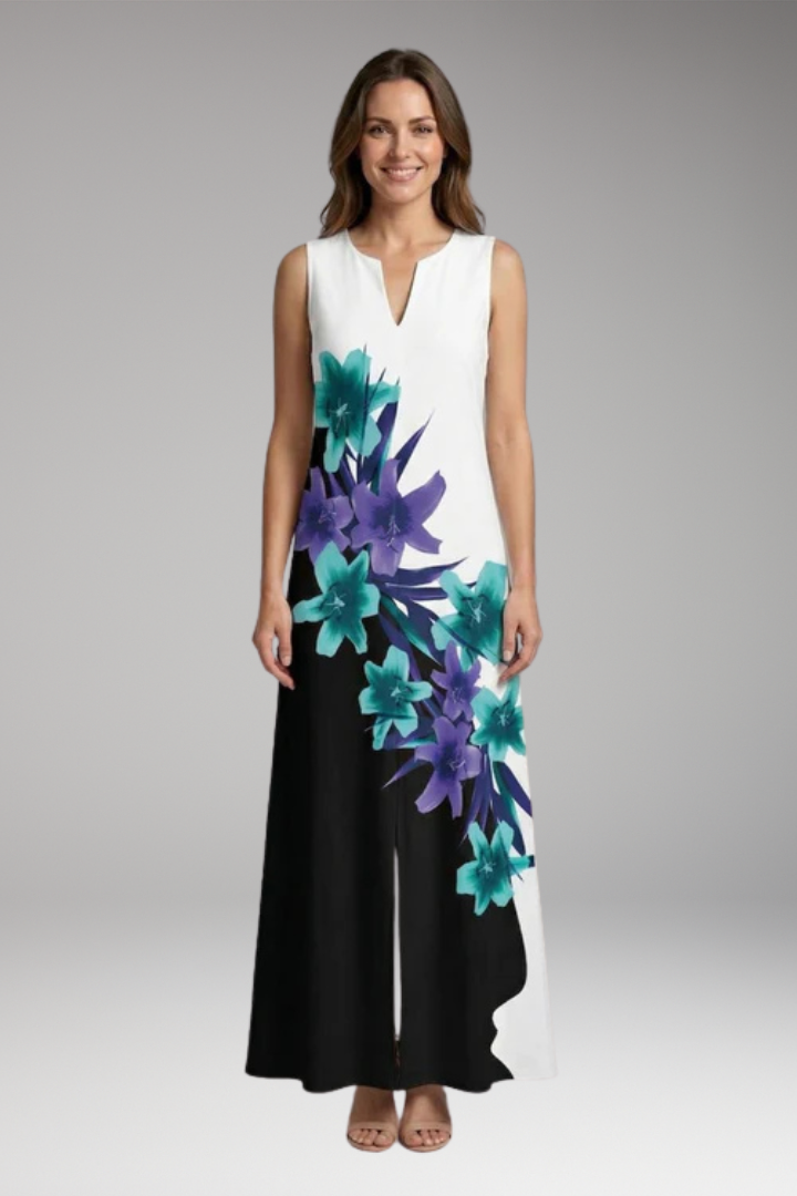 Women's Maxi Dress | Peacock Print V-Neck Sleeveless with Pockets