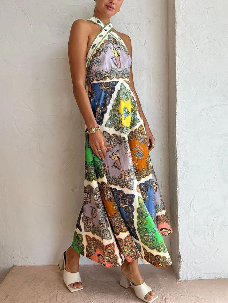Women's Maxi Dress | Scarf Print, Crossover Halter