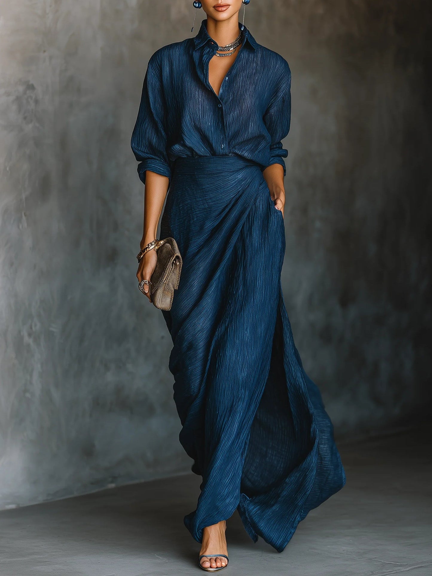 Women's Maxi Dress | Shirt And Wrap Skirt Two Piece Set