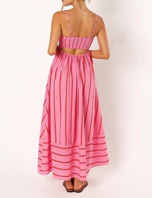 Women's Maxi Dress | Striped Straight Neck Strappy Sundress