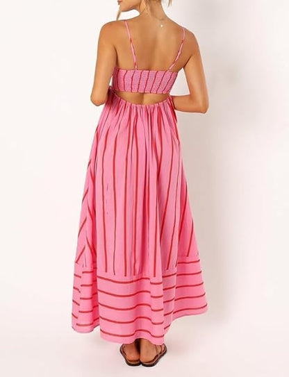 Women's Maxi Dress | Striped Straight Neck Strappy Sundress