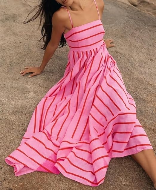 Women's Maxi Dress | Striped Straight Neck Strappy Sundress