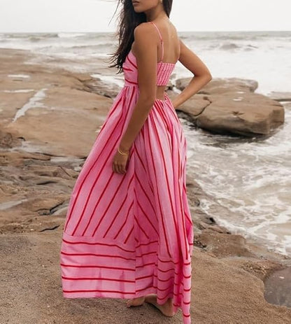 Women's Maxi Dress | Striped Straight Neck Strappy Sundress