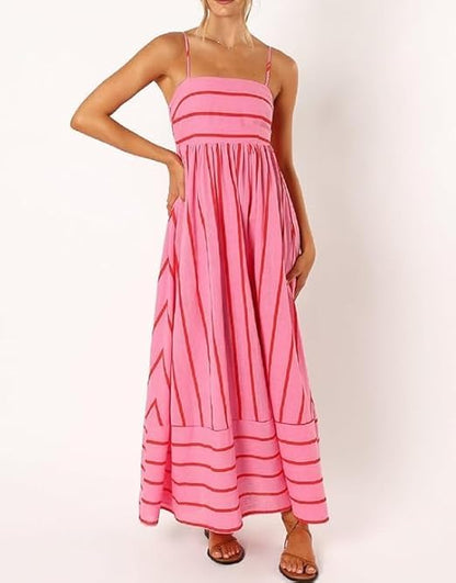 Women's Maxi Dress | Striped Straight Neck Strappy Sundress