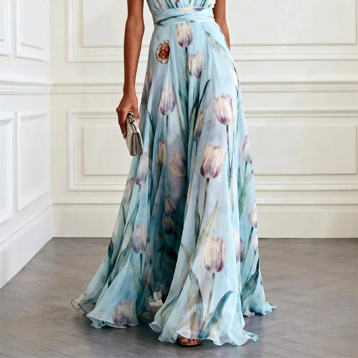 Women's Maxi Dress | Tulip Print Chiffon Wrap Gown