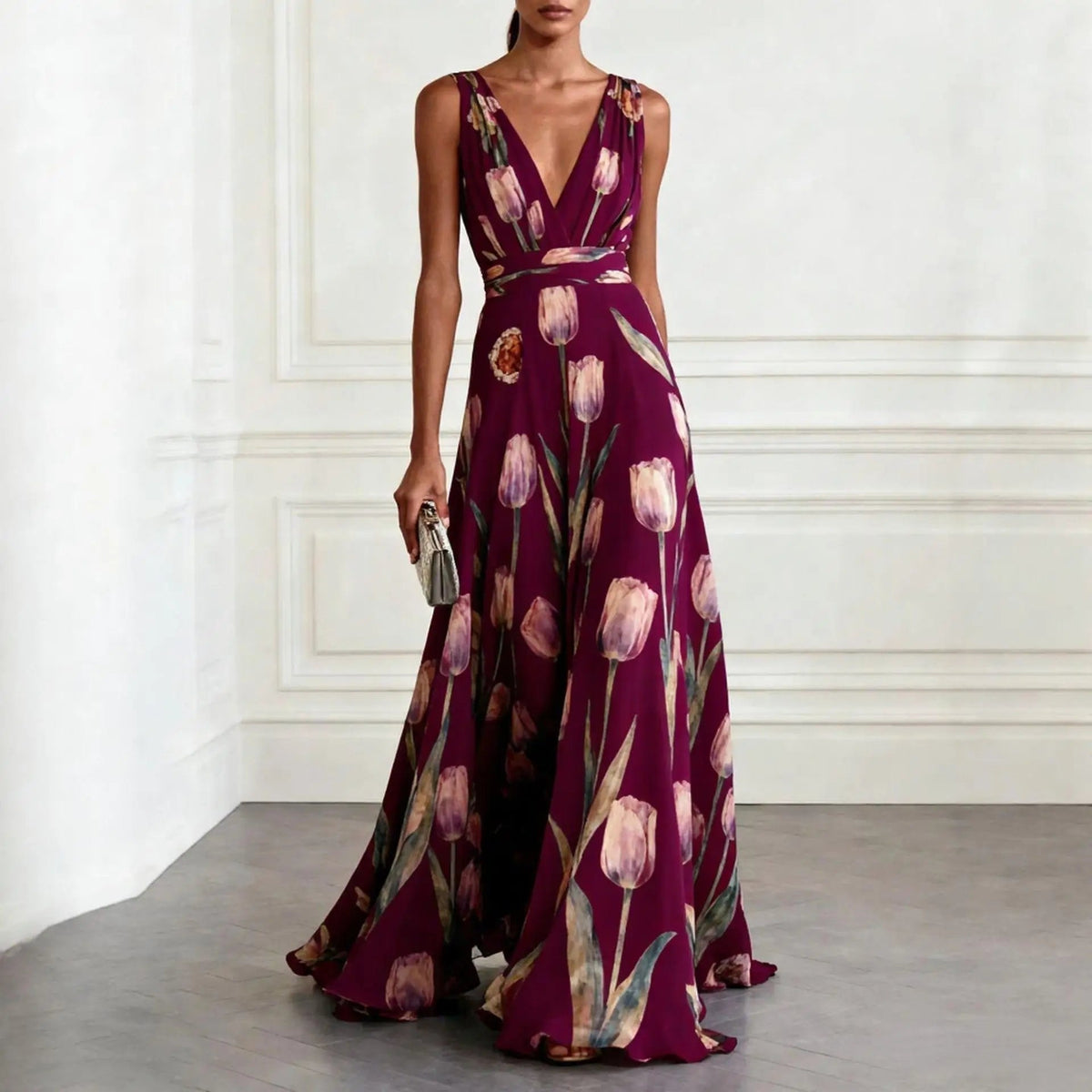 Women's Maxi Dress | Tulip Print Chiffon Wrap Gown