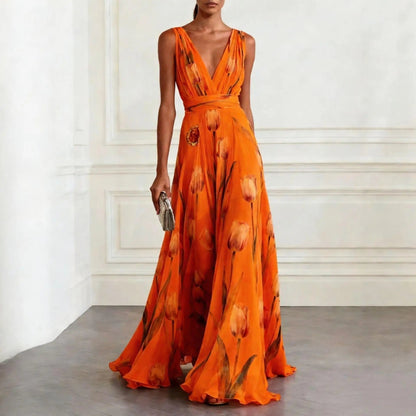 Women's Maxi Dress | Tulip Print Chiffon Wrap Gown