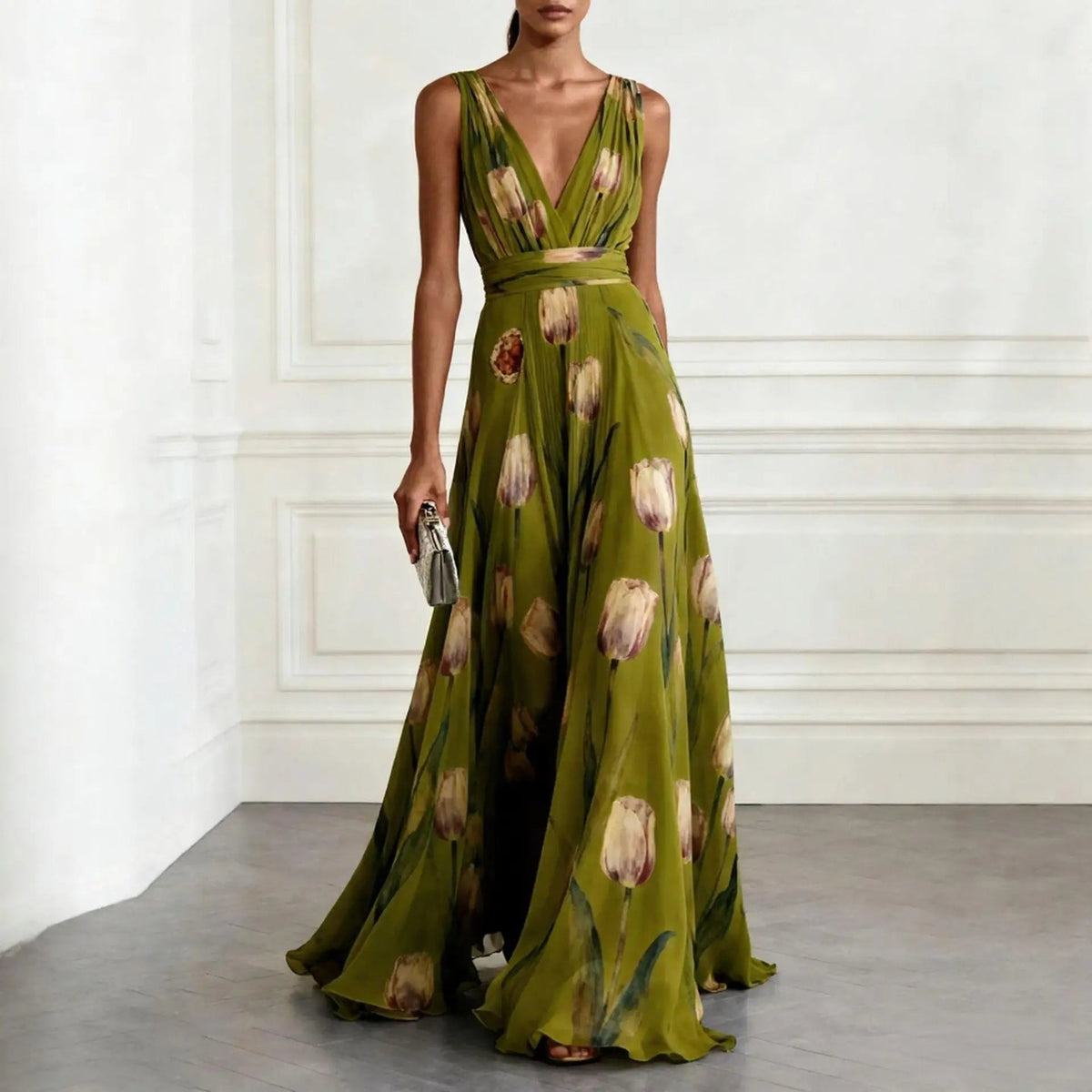 Women's Maxi Dress | Tulip Print Chiffon Wrap Gown