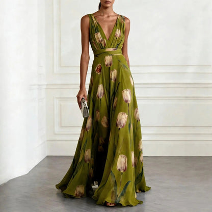 Women's Maxi Dress | Tulip Print Chiffon Wrap Gown
