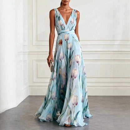 Women's Maxi Dress | Tulip Print Chiffon Wrap Gown