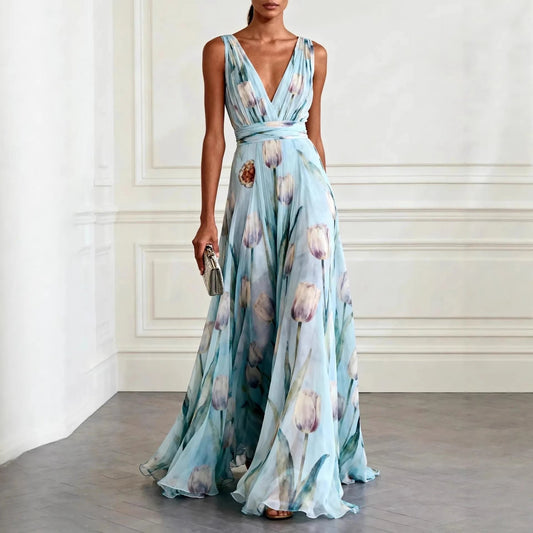 Women's Maxi Dress | Tulip Print Chiffon Wrap Gown