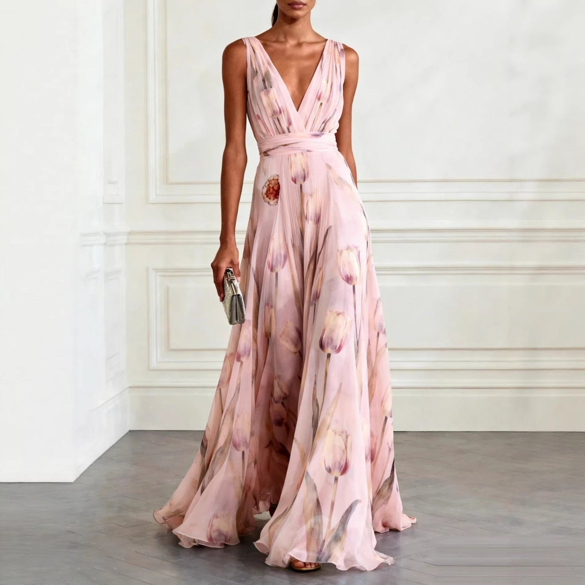 Women's Maxi Dress | Tulip Print Deep V-Neck Flowing Design