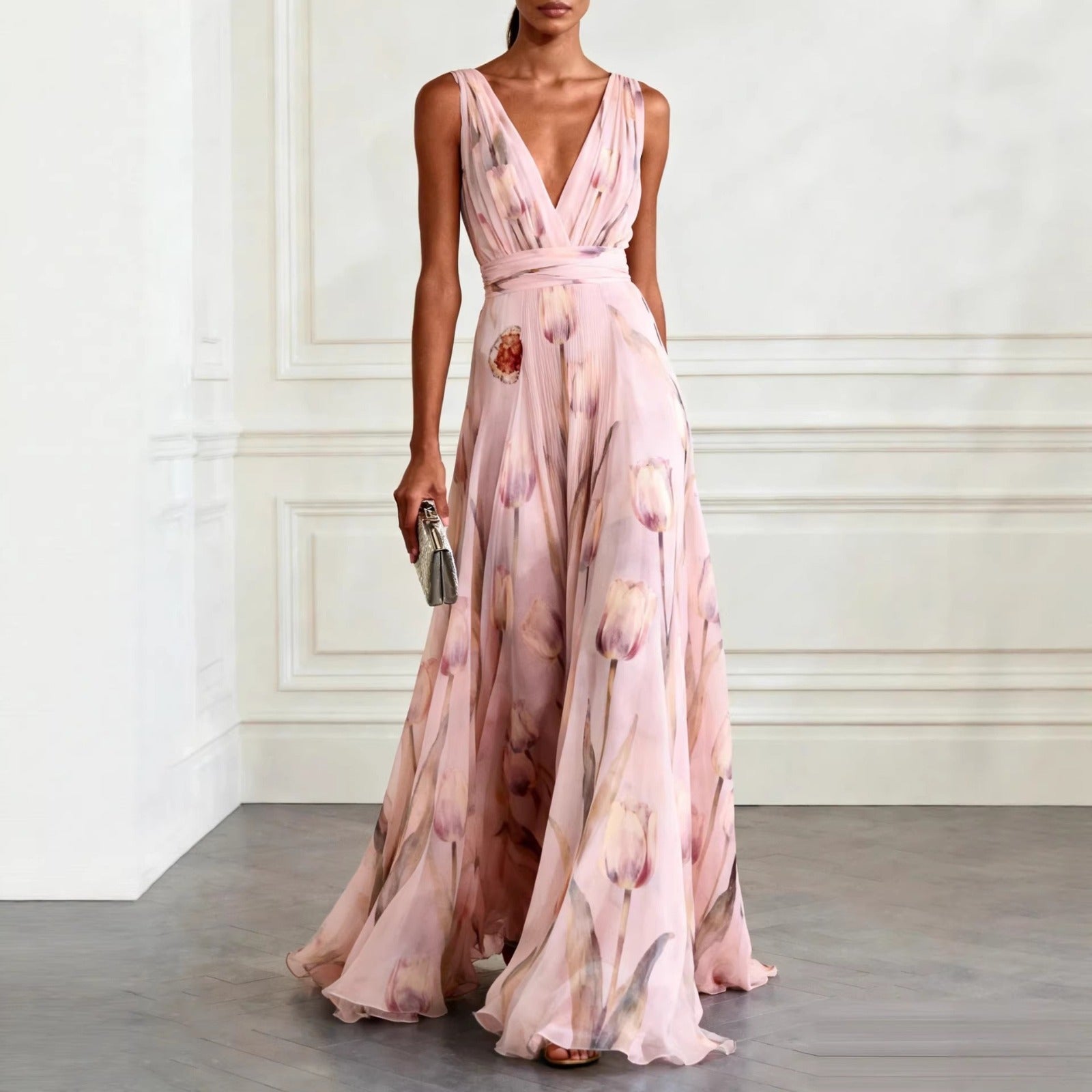 Women's Maxi Dress | Tulip Print Deep V-Neck Flowing Design