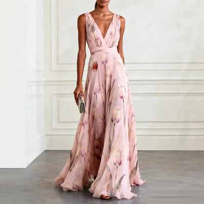 Women's Maxi Dress | Tulip Print Deep V-Neck Flowing Design