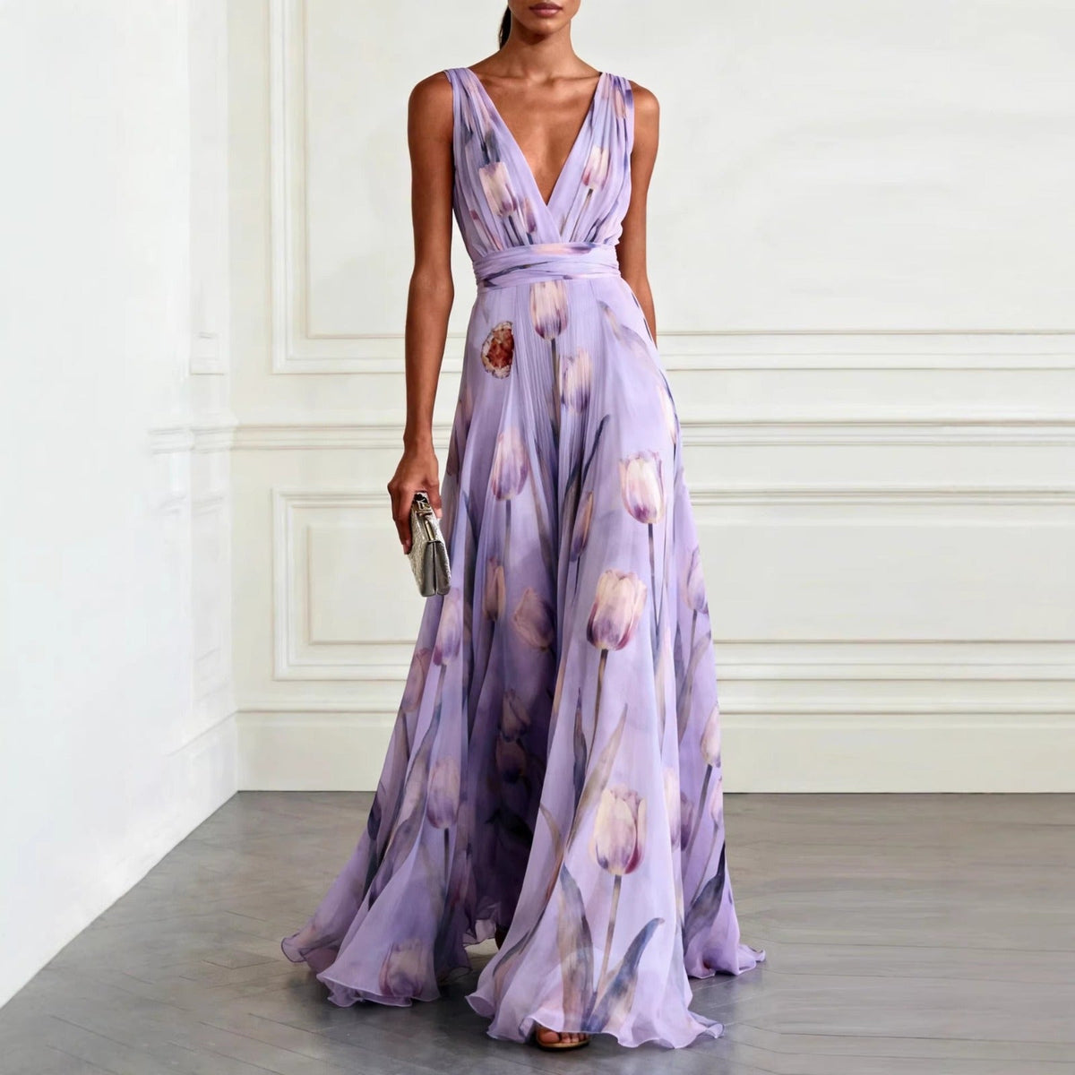 Women's Maxi Dress | Tulip Print Deep V-Neck Flowing Design