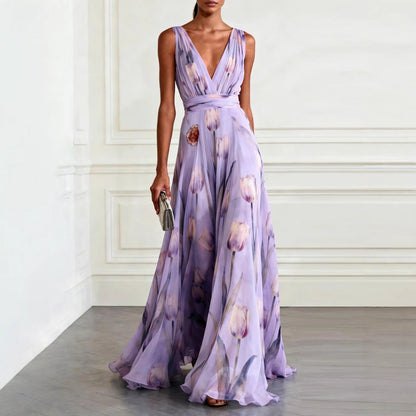 Women's Maxi Dress | Tulip Print Deep V-Neck Flowing Design