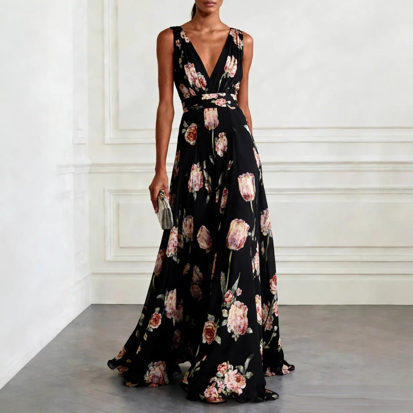 Women's Maxi Dress | Tulip Print Deep V-Neck Flowing Design