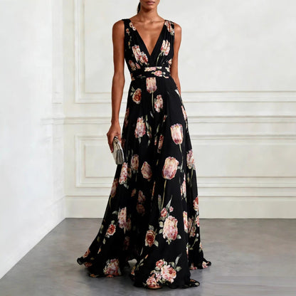 Women's Maxi Dress | Tulip Print Deep V-Neck Flowing Design