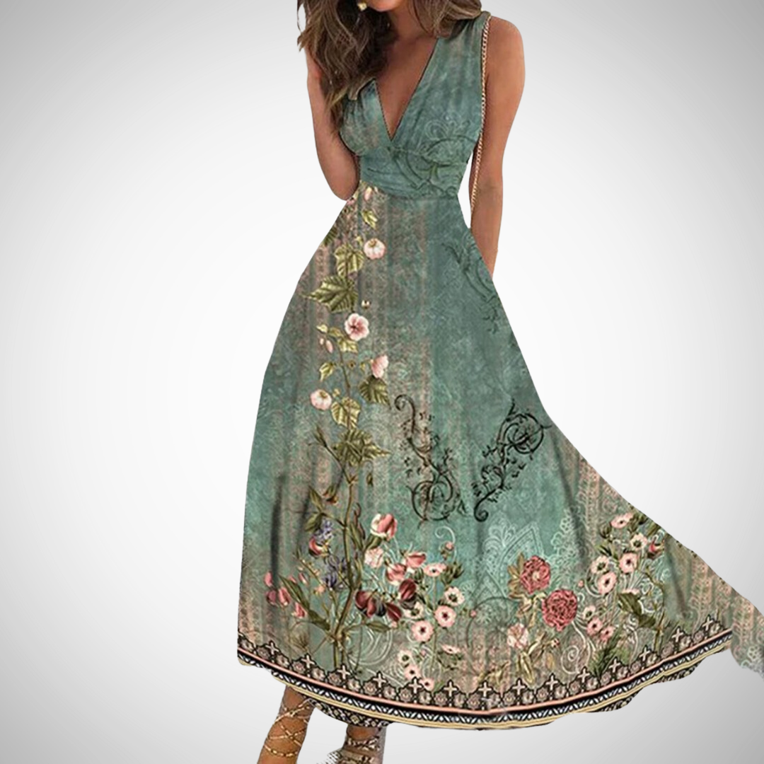 Women's Maxi Dress | V-Neck Floral Print & Sleeveless Summer Style