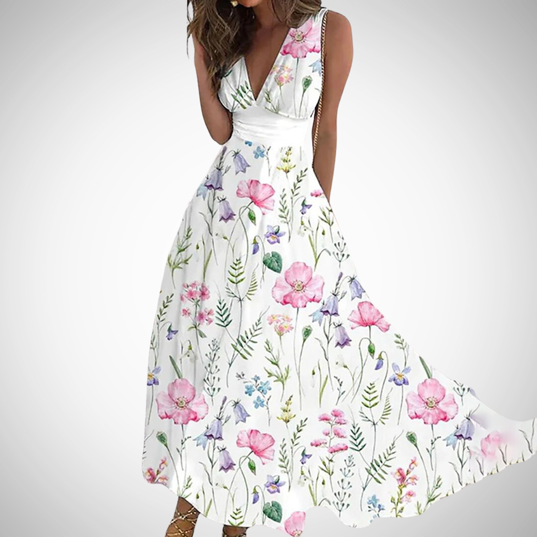 Women's Maxi Dress | V-Neck Floral Print & Sleeveless Summer Style