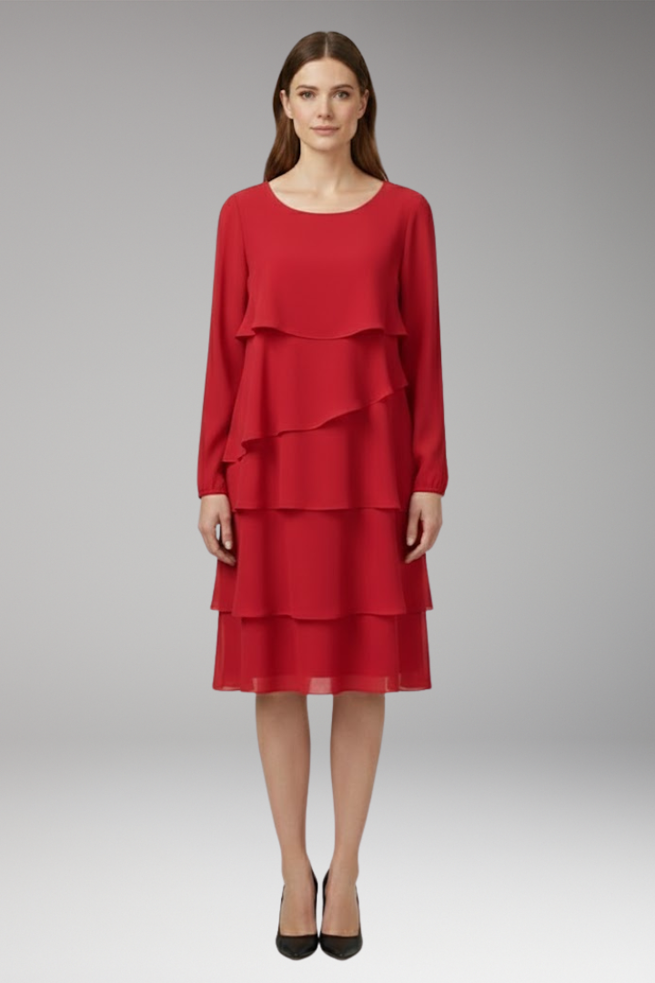 Women's Midi Dress | Angled Flounces With Long Sleeves