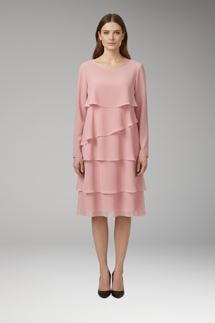 Women's Midi Dress | Angled Flounces With Long Sleeves