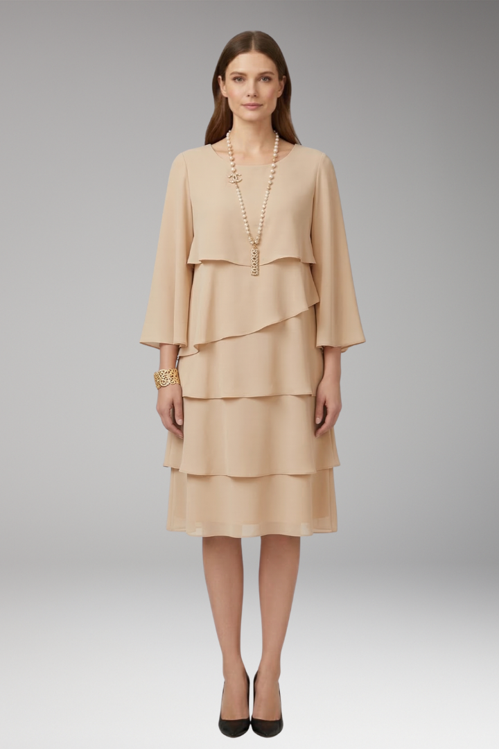 Women's Midi Dress | Angled Flounces With Long Sleeves