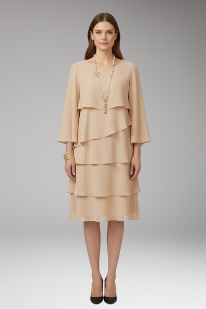 Women's Midi Dress | Angled Flounces With Long Sleeves