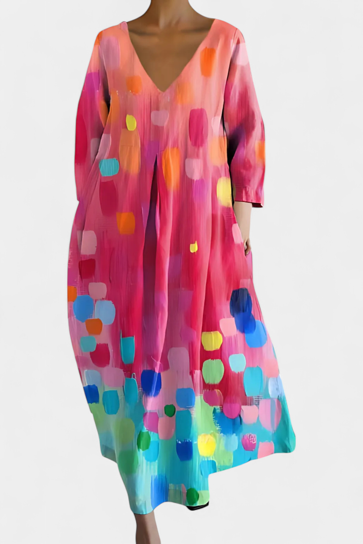 Women's Midi Dress | Colorful Abstract Print V-Neck