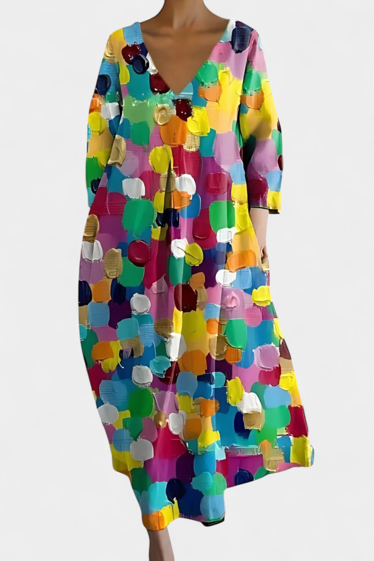 Women's Midi Dress | Colorful Abstract Print V-Neck