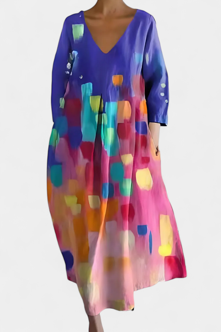 Women's Midi Dress | Colorful Abstract Print V-Neck