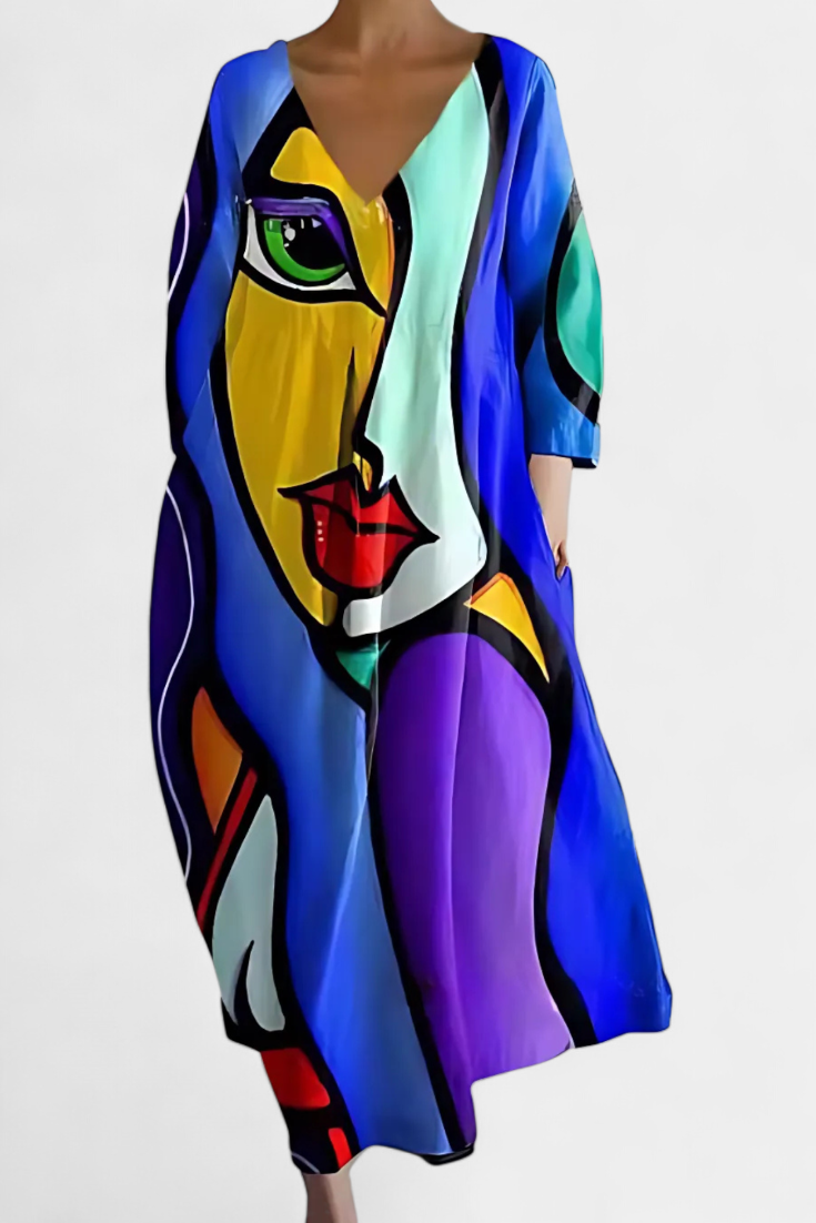 Women's Midi Dress | Colorful Abstract Print V-Neck