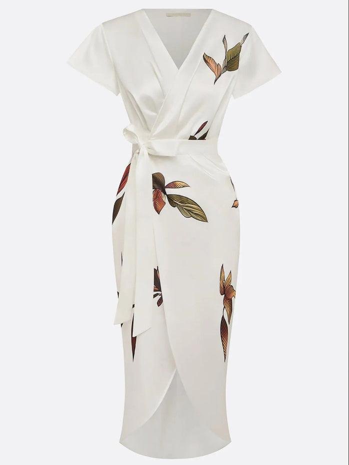 Women's Midi Dress | Deep V-Neck Wrap & Leaf Print Bow Tie Waist