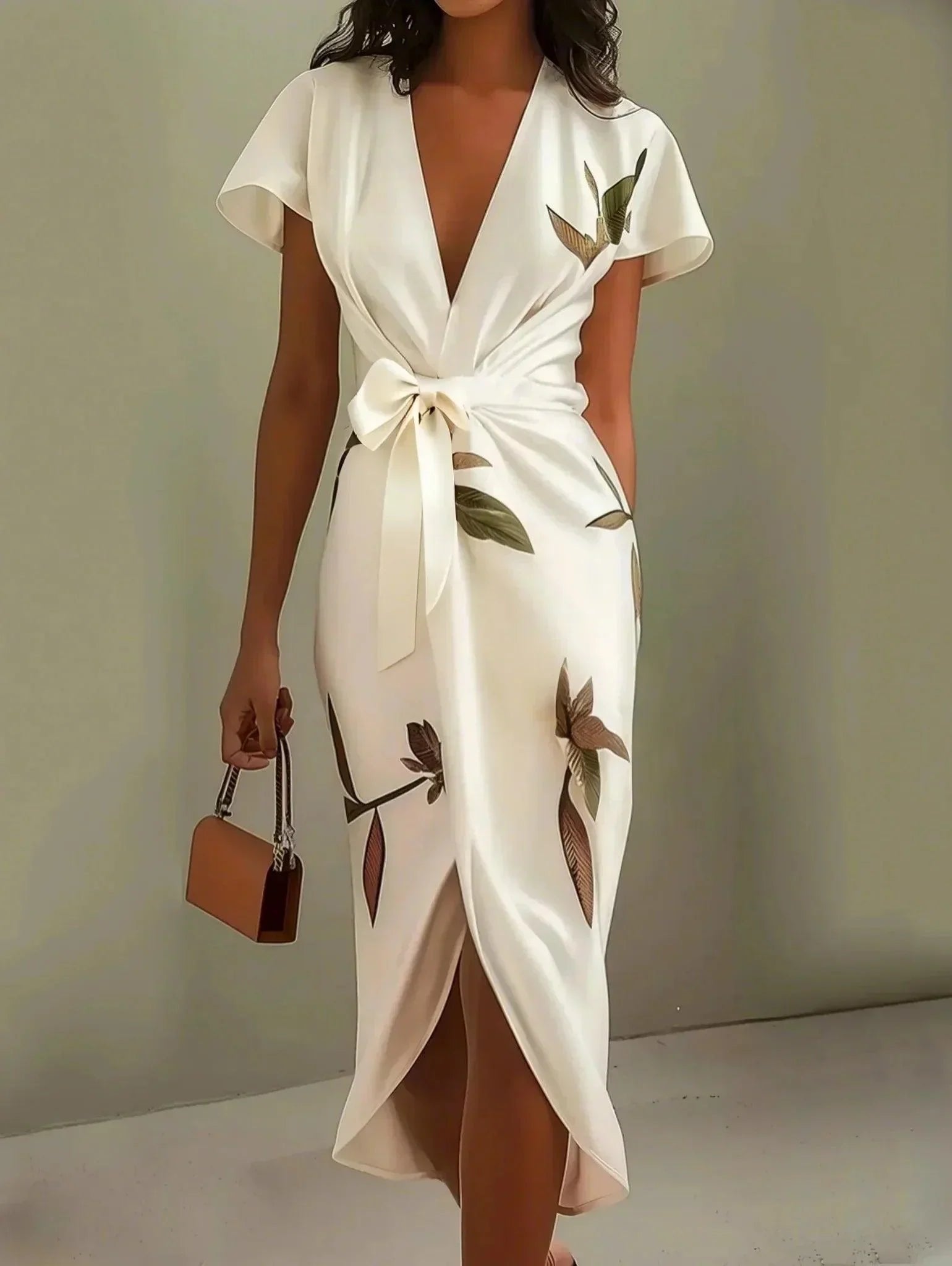 Women's Midi Dress | Deep V-Neck Wrap & Leaf Print Bow Tie Waist