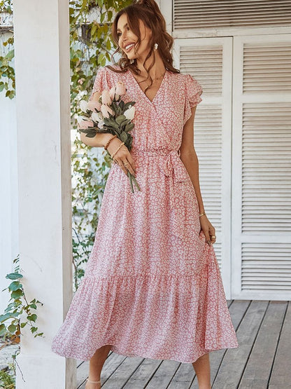 Women's Midi Dress | Ditsy Print Wrap Style With Flutter Sleeves And Tie Waist