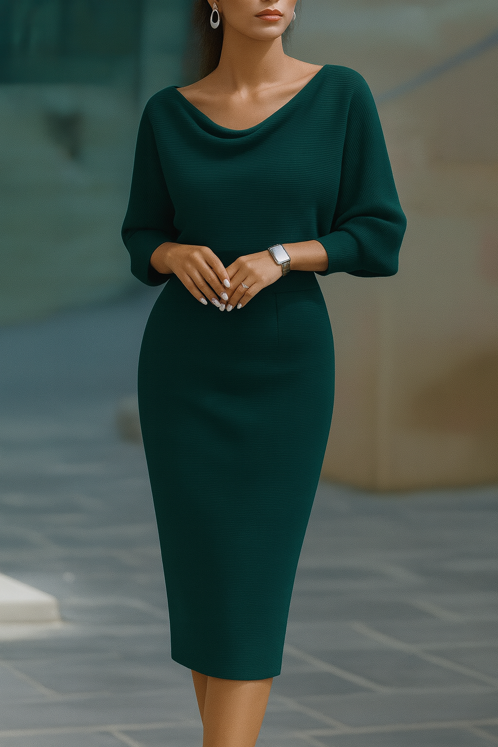 Women's Midi Dress | Draped Batwing Sleeve