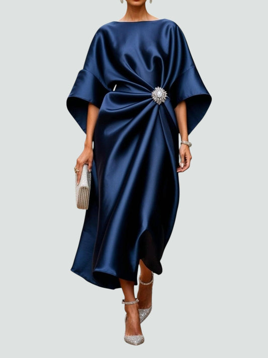 Women's Midi Dress | Draped Kimono Sleeves & Jewelled Brooch Waist