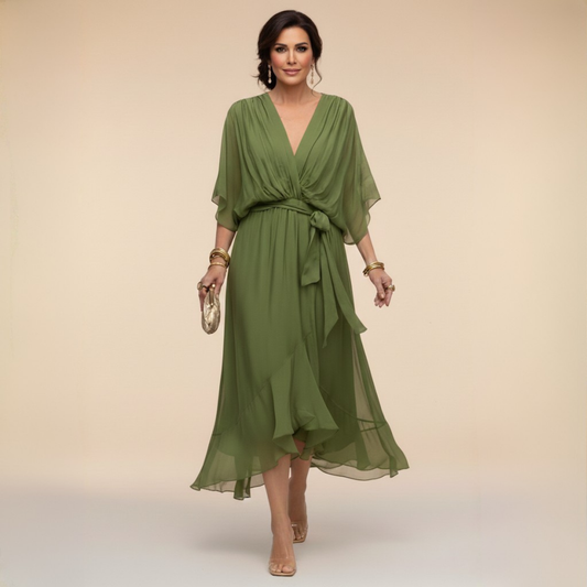 Women's Midi Dress | Elegant V-Neck Wrap & Flowing Occasion