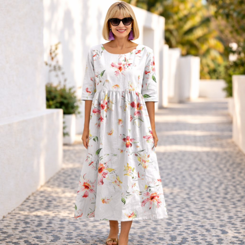 Women's Midi Dress | Floral Print Half Sleeve Swing