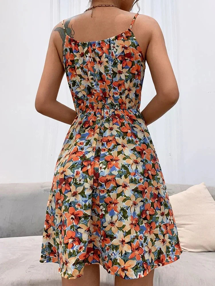 Women's Midi Dress | Floral Print Strappy Style with Gathered Tie Neckline