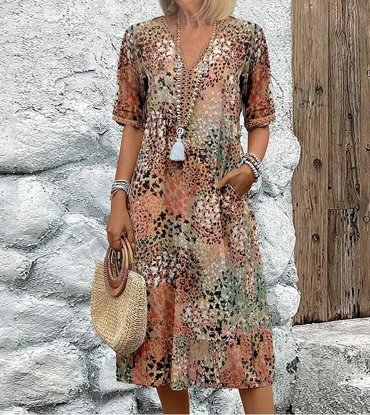 Women's Midi Dress | Floral Print V-Neck Swing