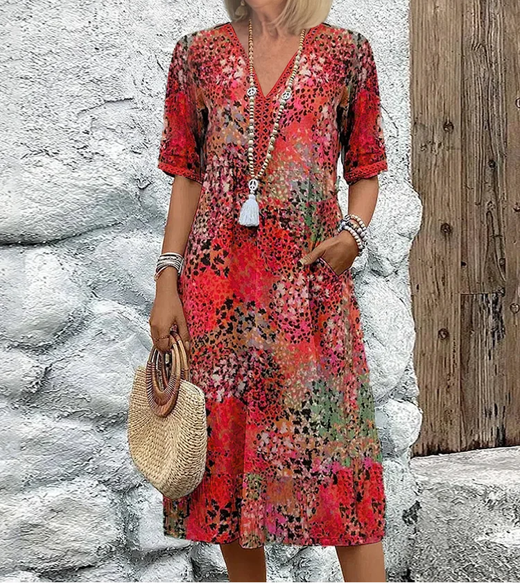 Women's Midi Dress | Floral Print V-Neck Swing