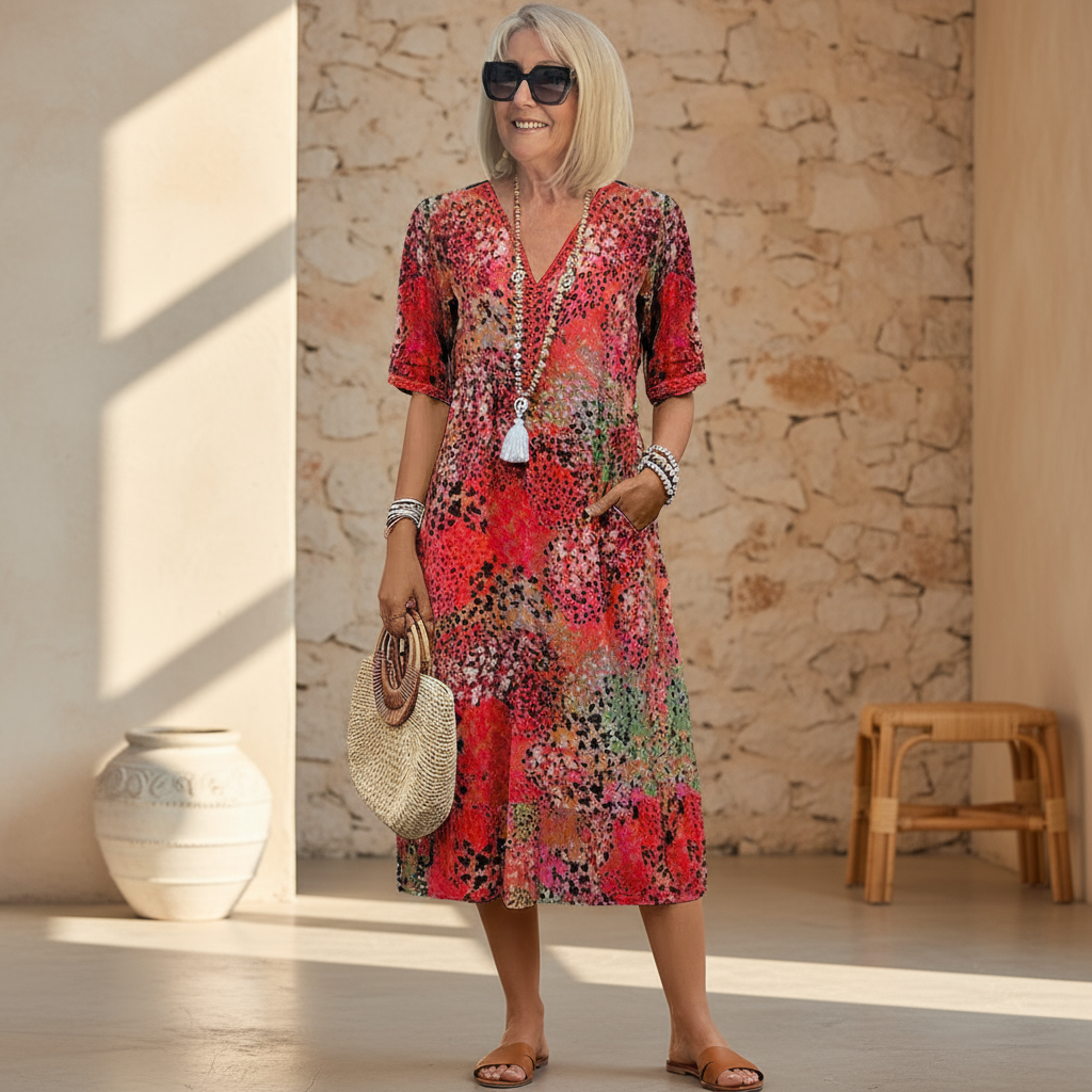 Women's Midi Dress | Floral Print V-Neck Swing