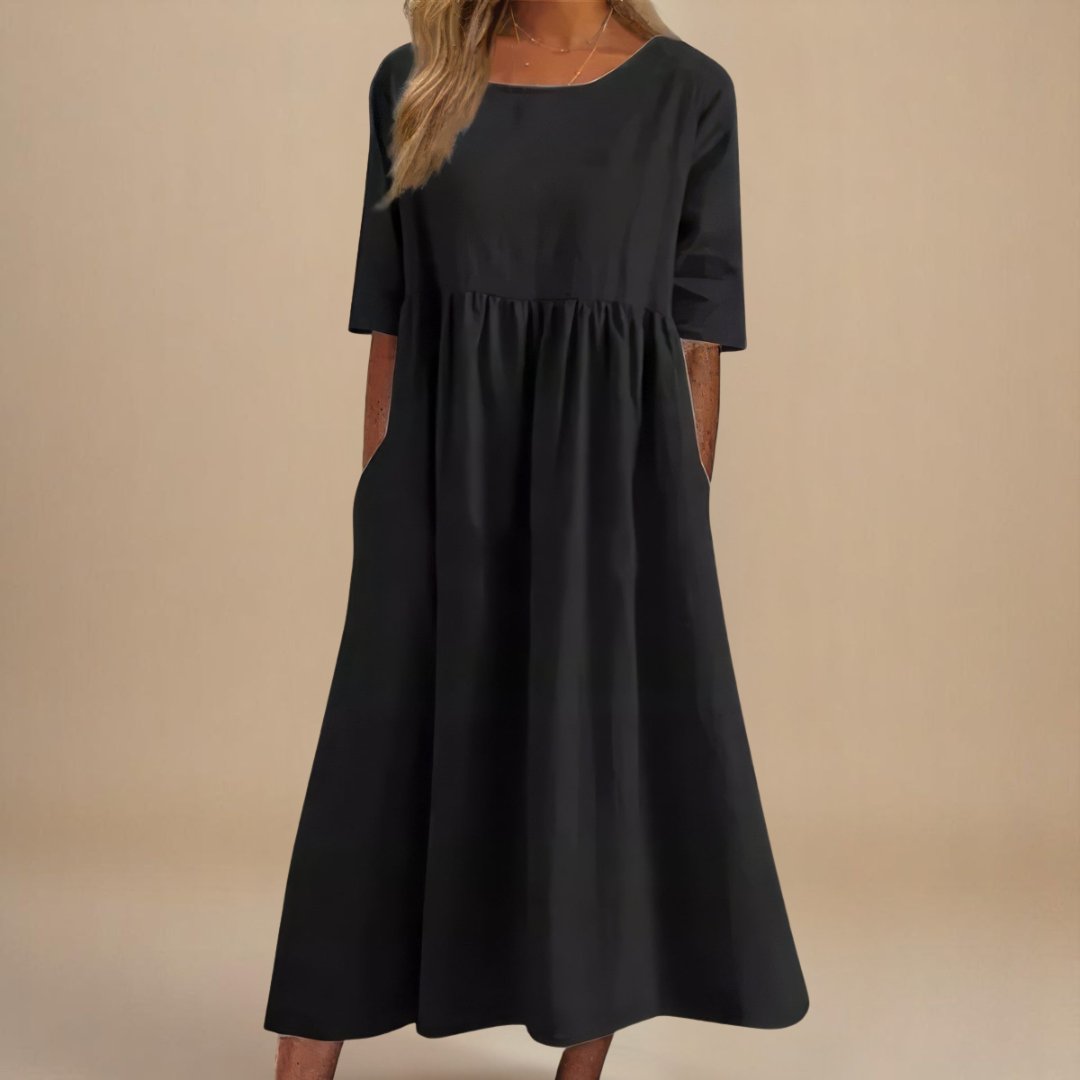 Women's Midi Dress | Gathered Waist & Relaxed Fit with Pockets