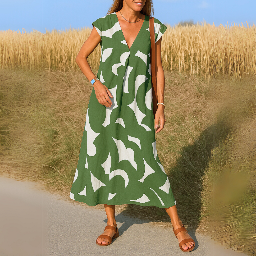 Women's Midi Dress | Geometric Print V Neck Cocoon Shape